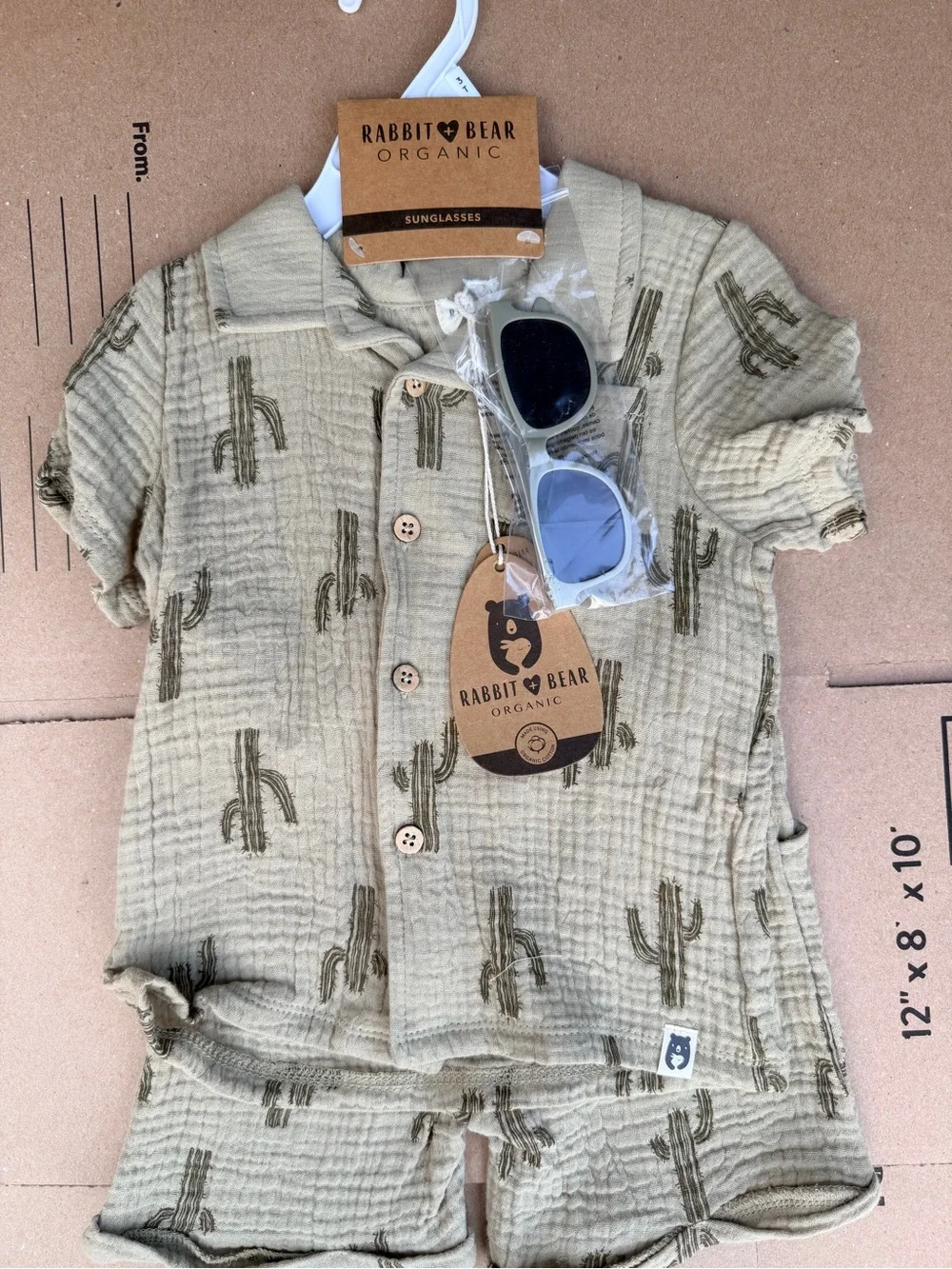 Rabbit & Bear Organic Kids Sage Cactus Button-Down Short Set with Sunglasses